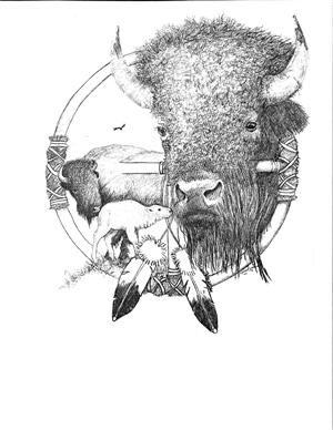 Buffalo head with feathers